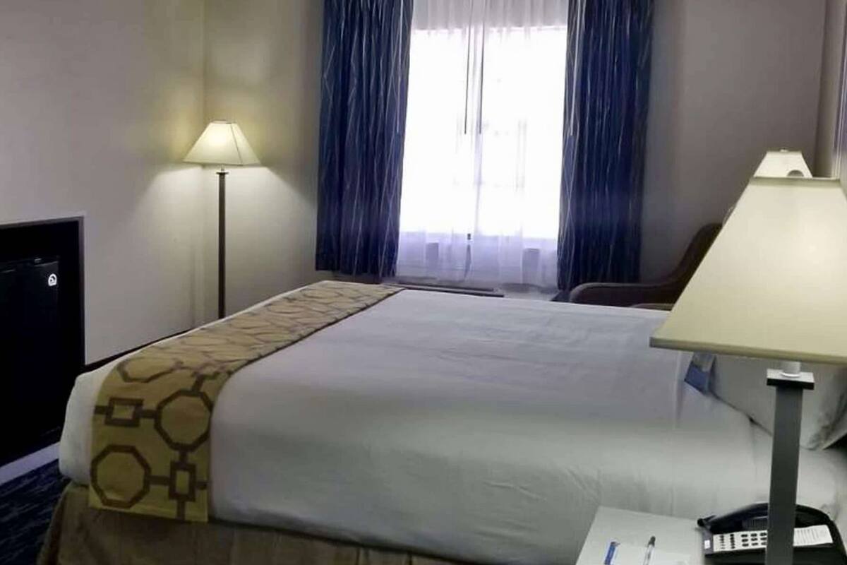 A hotel room with a bed, a desk with a lamp, a TV, and a window with curtains.