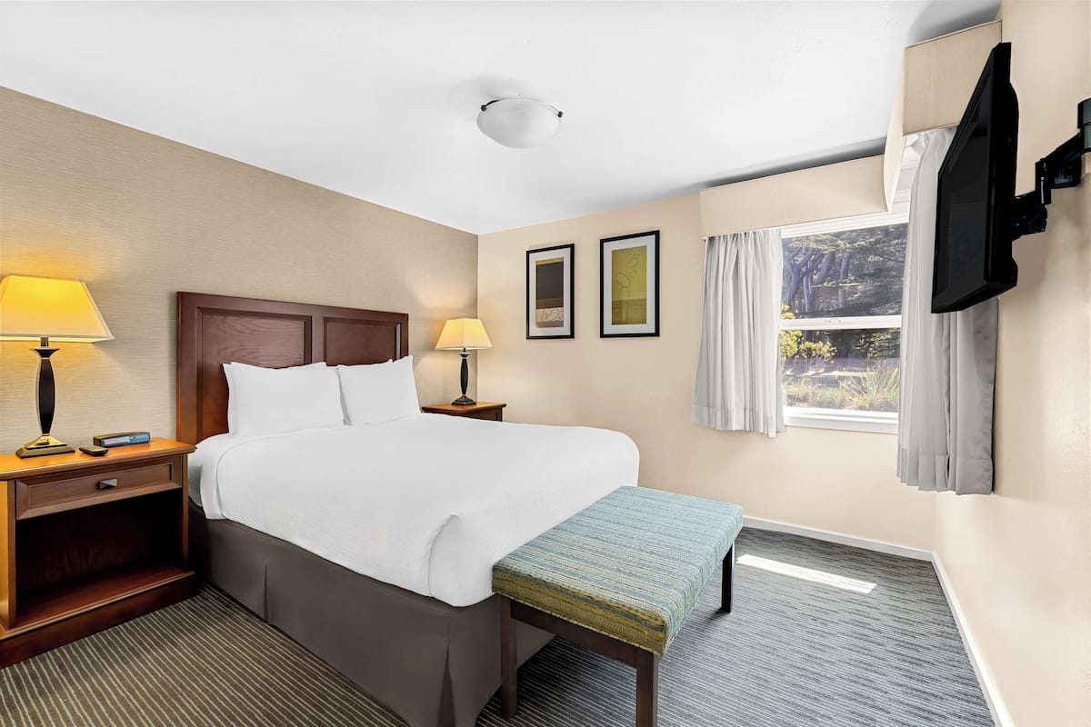 A hotel room with a large bed, bedside lamps, a flat-screen TV, a window with curtains, and framed artwork on the wall.