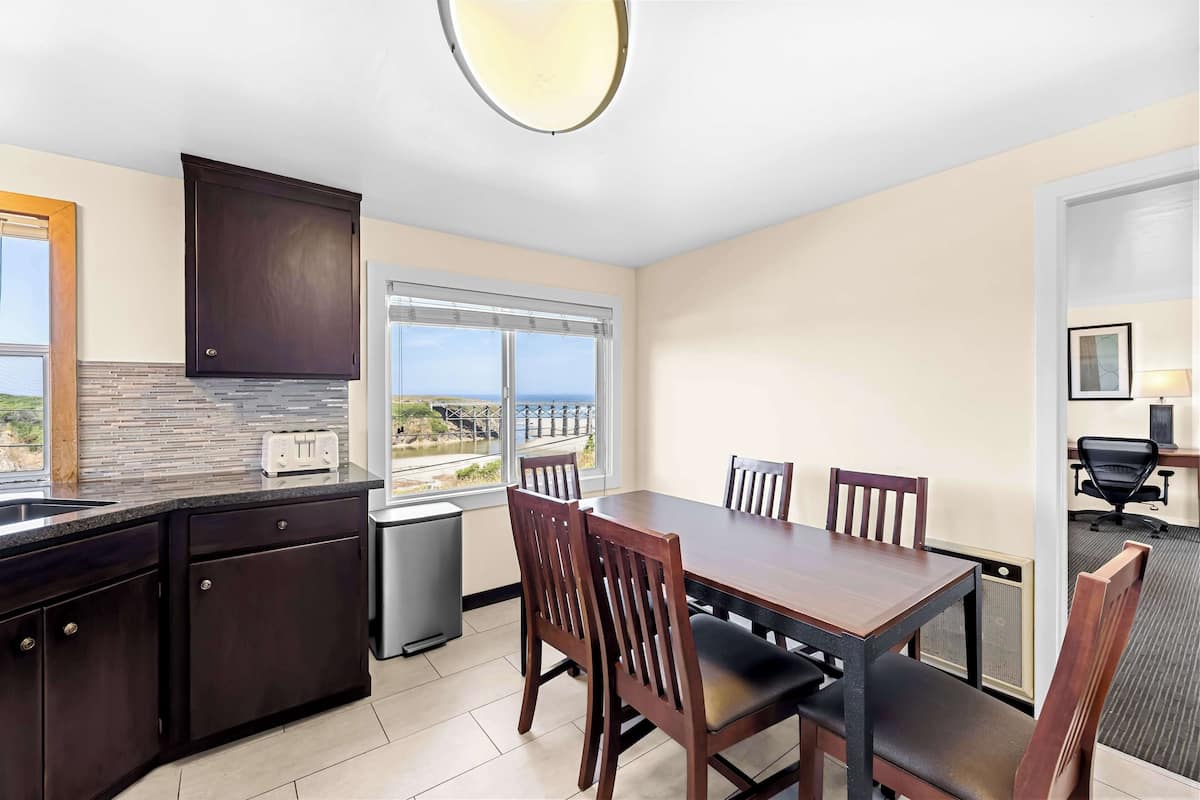 A modern kitchen with dark cabinetry, a large island, and a view of the ocean.