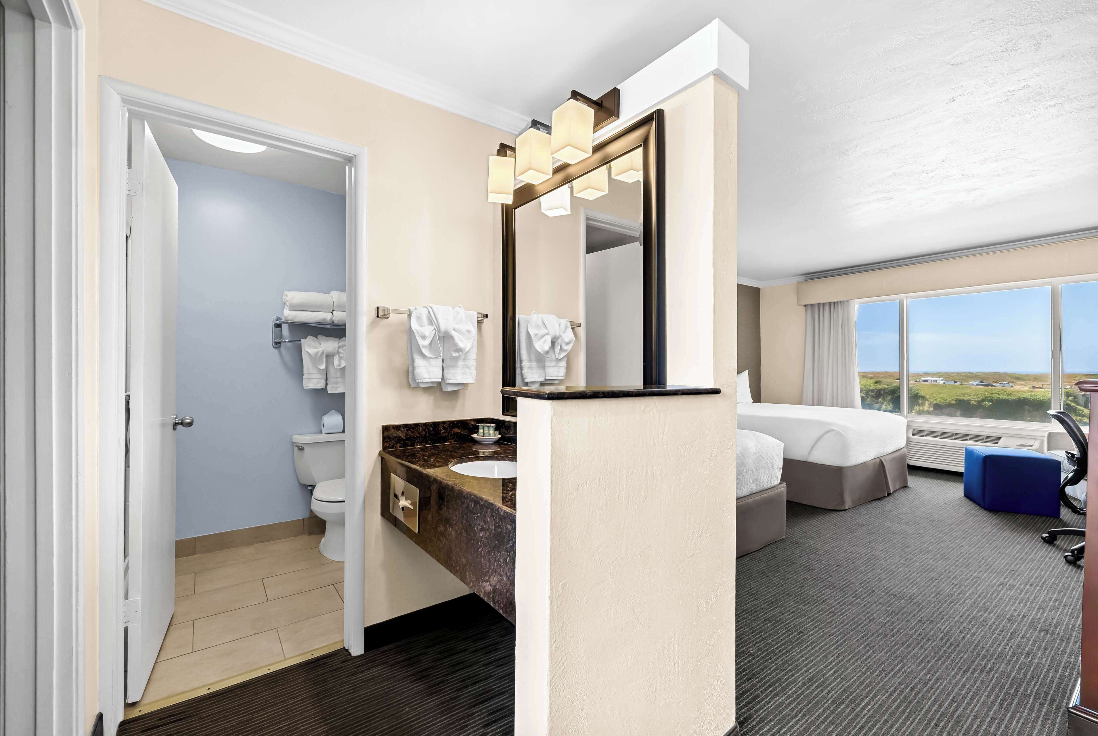 Un baño de hotel con inodoro, lavamanos y un espejo grande.