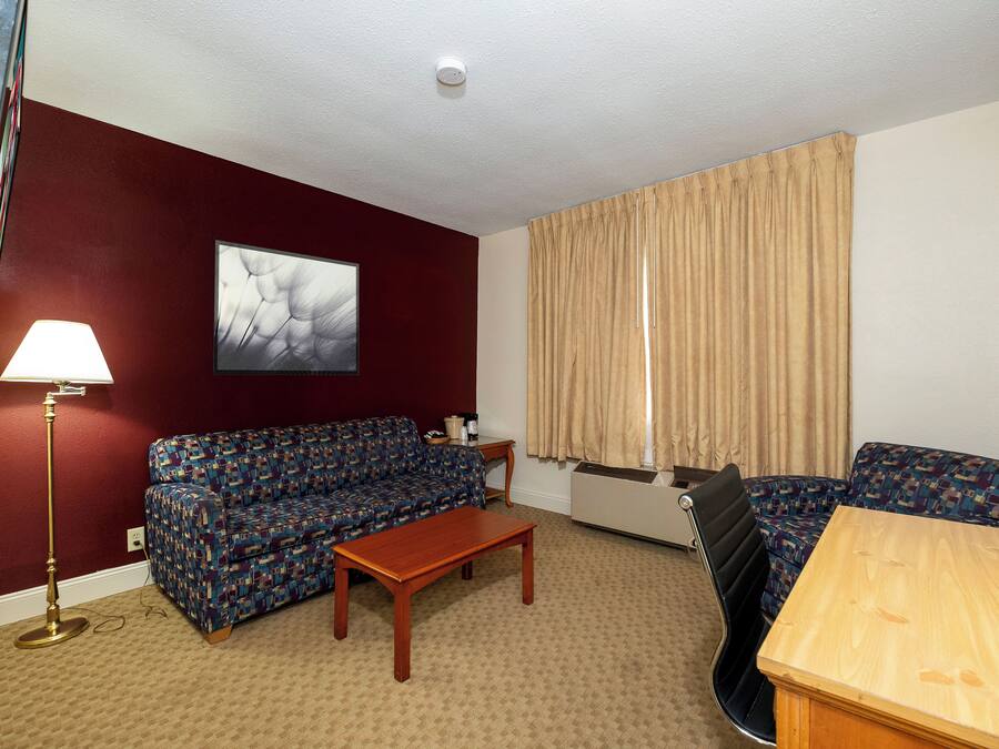 A furnished room with a sofa, a table, a lamp, and a window with curtains.