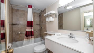 Hair dryer, towels, soap, shampoo