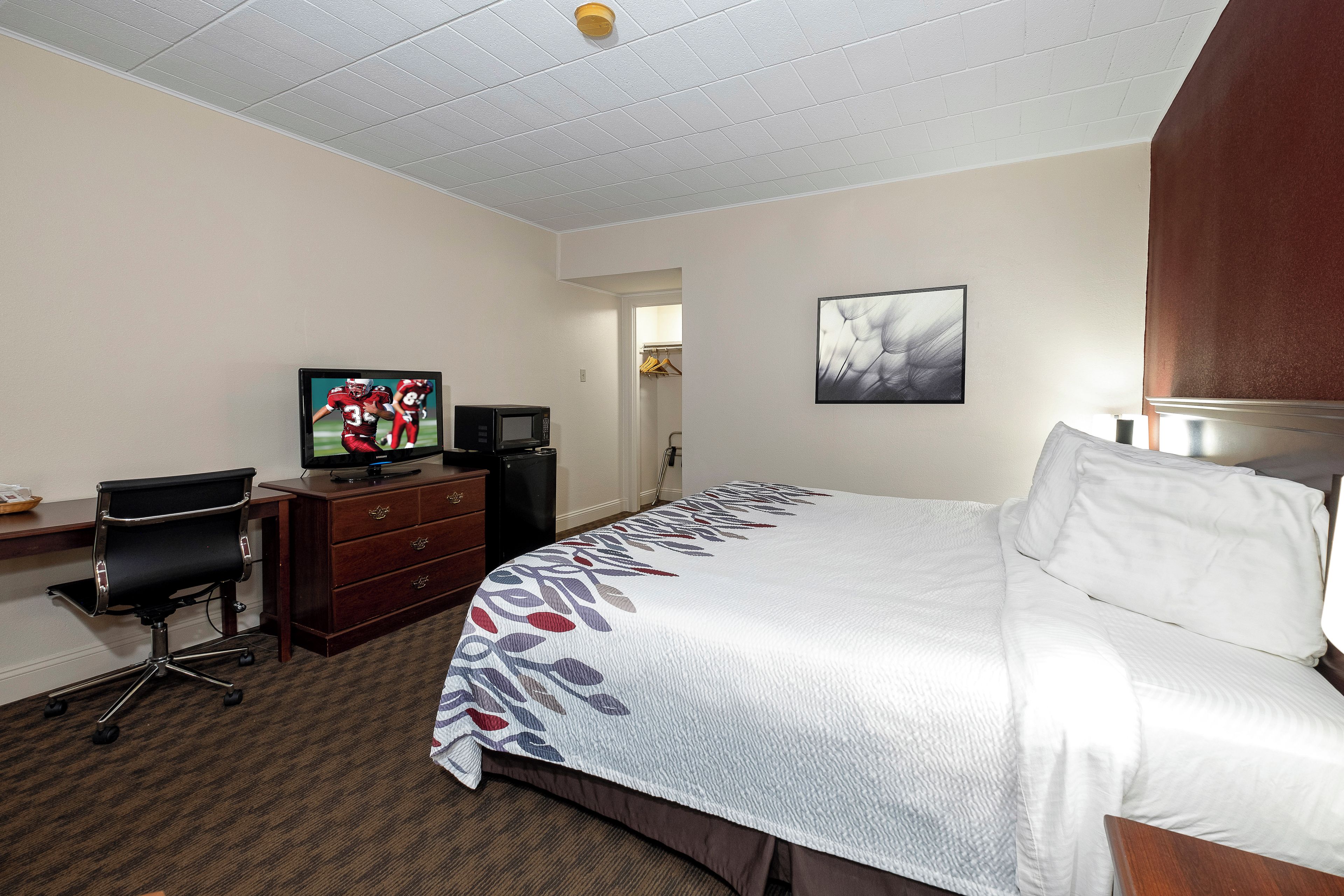 A hotel room with a bed, a desk with a television, a chair, a dresser, and a door leading to a closet.