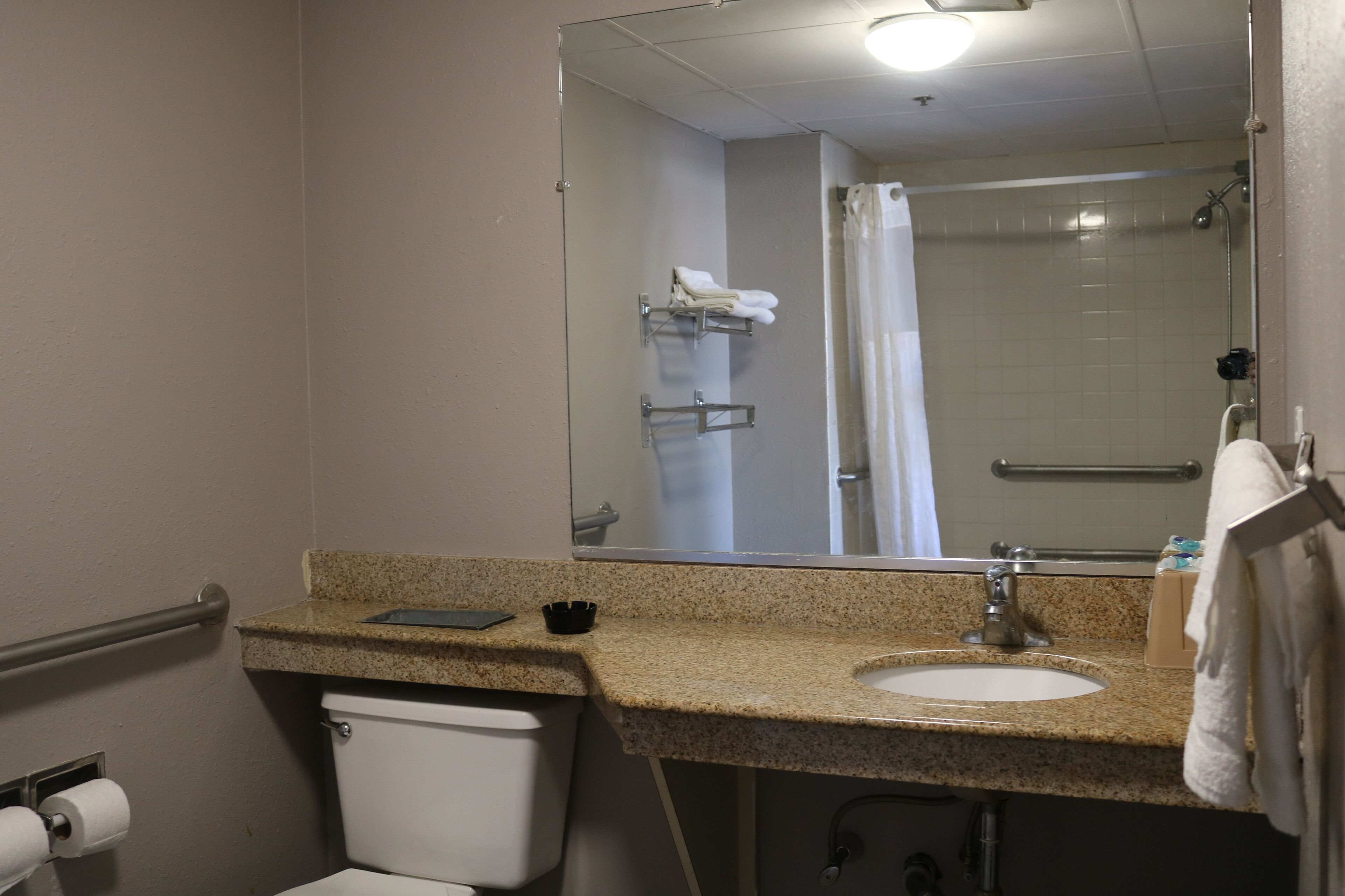 Un baño con inodoro, lavabo y espejo.