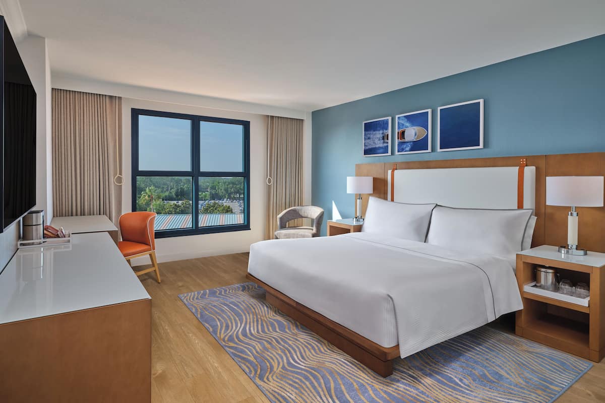 A hotel room with a large bed, a desk, a chair, a TV, and a window with a view of greenery.
