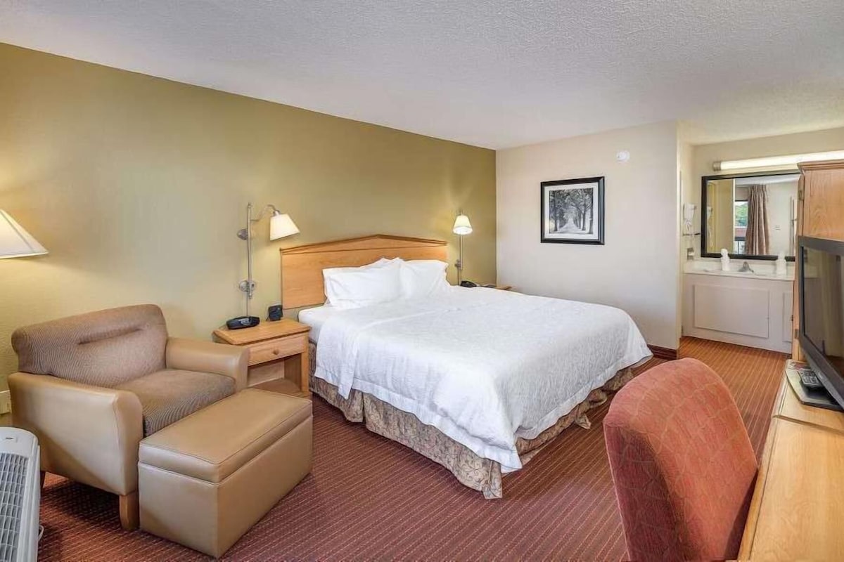 A hotel room with a bed, a chair, a desk, a lamp, a television, and a picture on the wall.