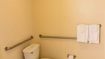 A small, single-occupancy bathroom with a toilet, grab bars, a towel rack, and a toilet paper holder.