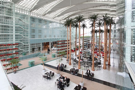 A spacious atrium with high ceilings, palm trees, and seating areas.