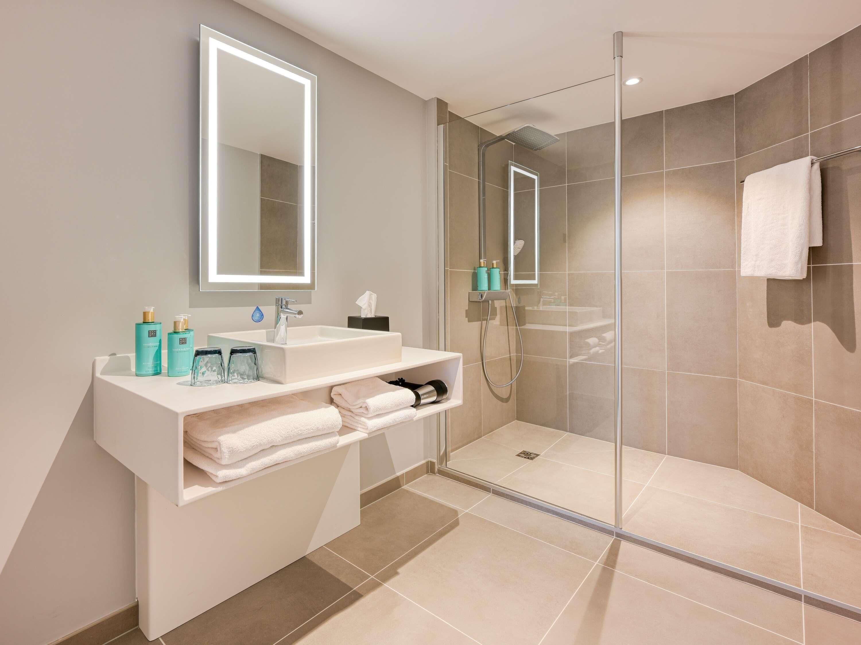 Une salle de bain moderne avec une douche à parois de verre, un lavabo blanc avec un miroir et des articles de toilette rangés avec soin.