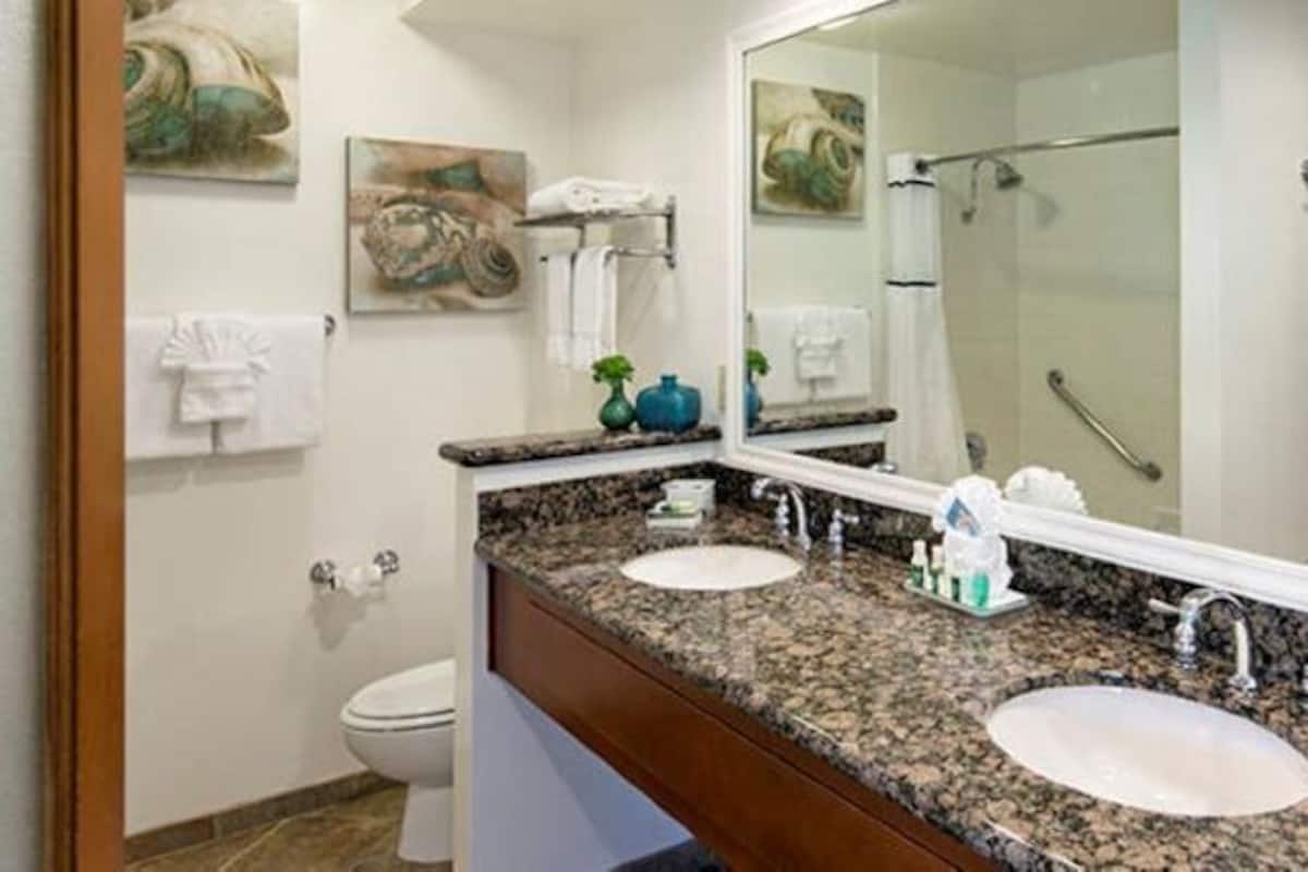 Tina con regadera, amenidades de baño ecológicas, batas, toallas