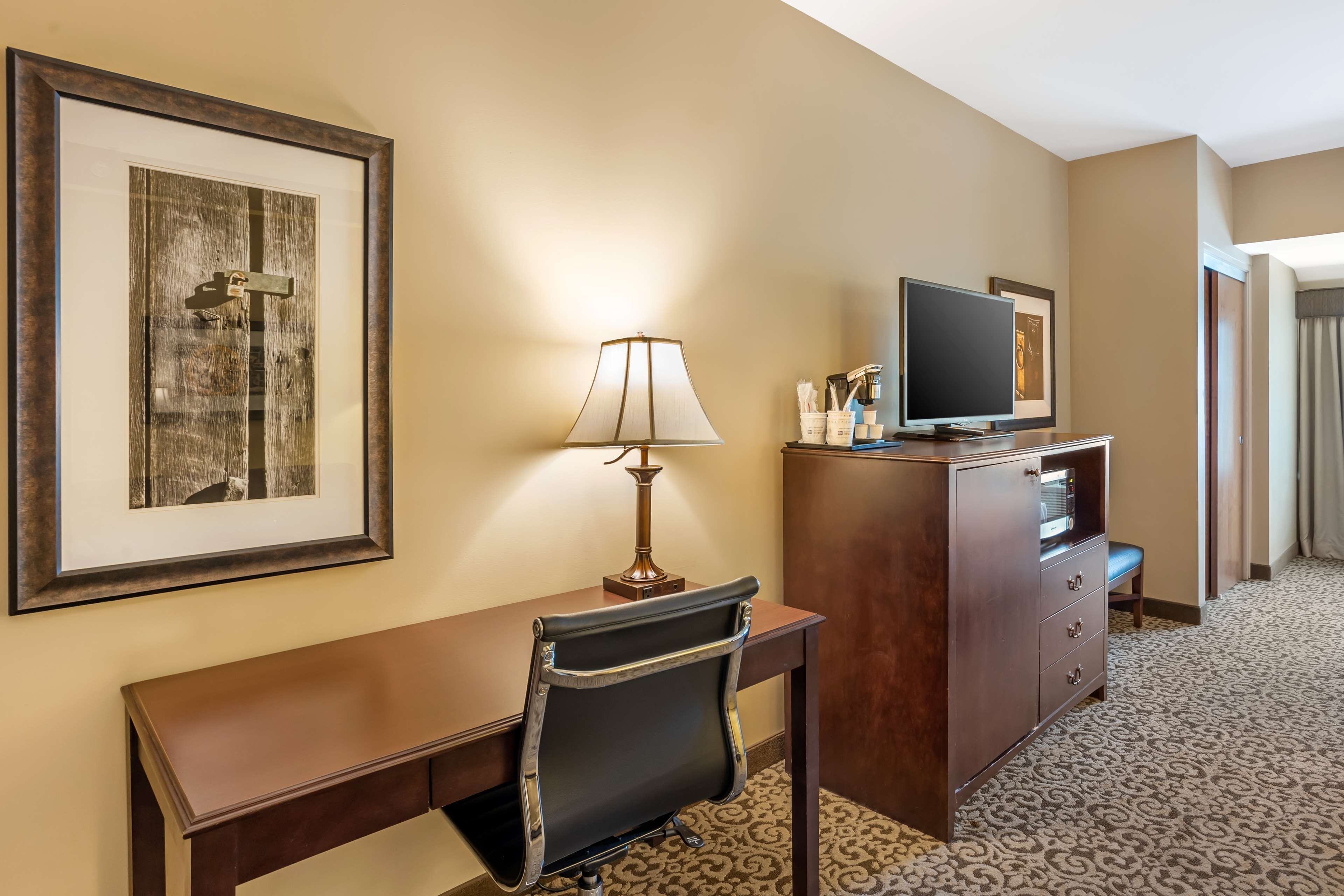 premium bedding, desk, laptop workspace, blackout curtains