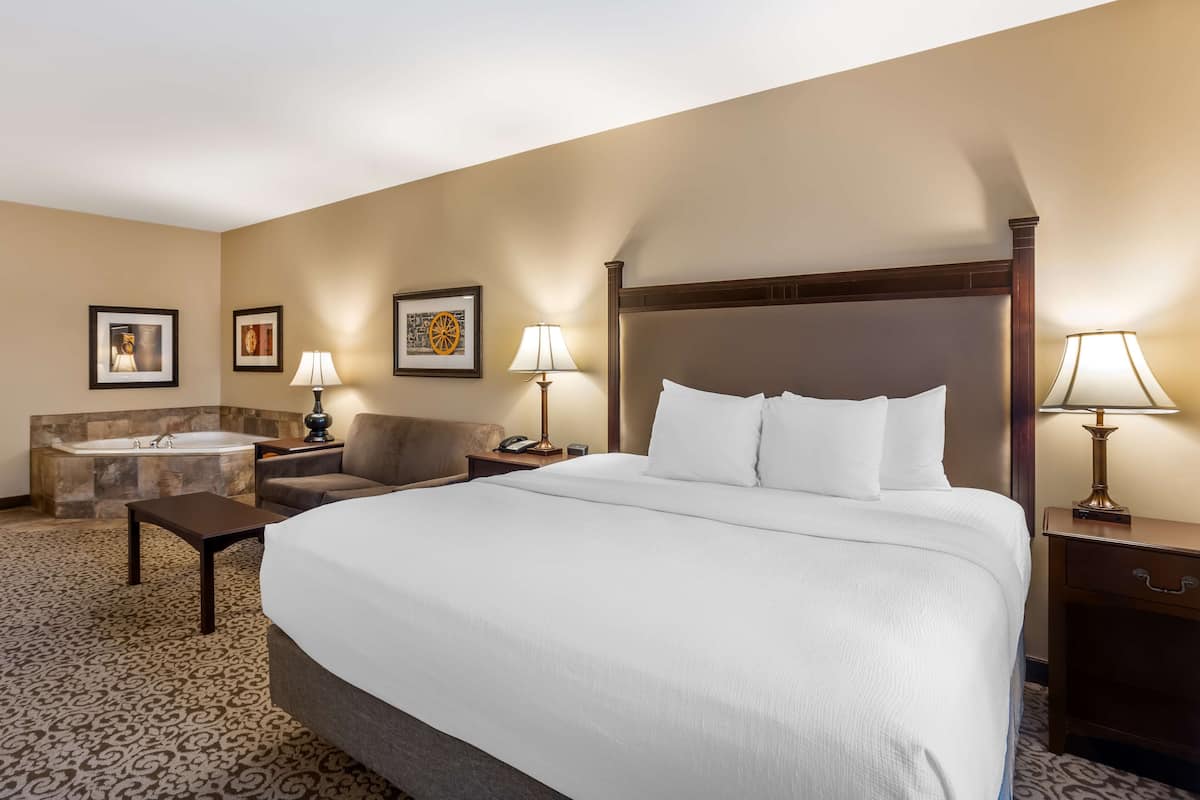A hotel room with a large bed, a sofa, a small table, a lamp, and a bathtub.
