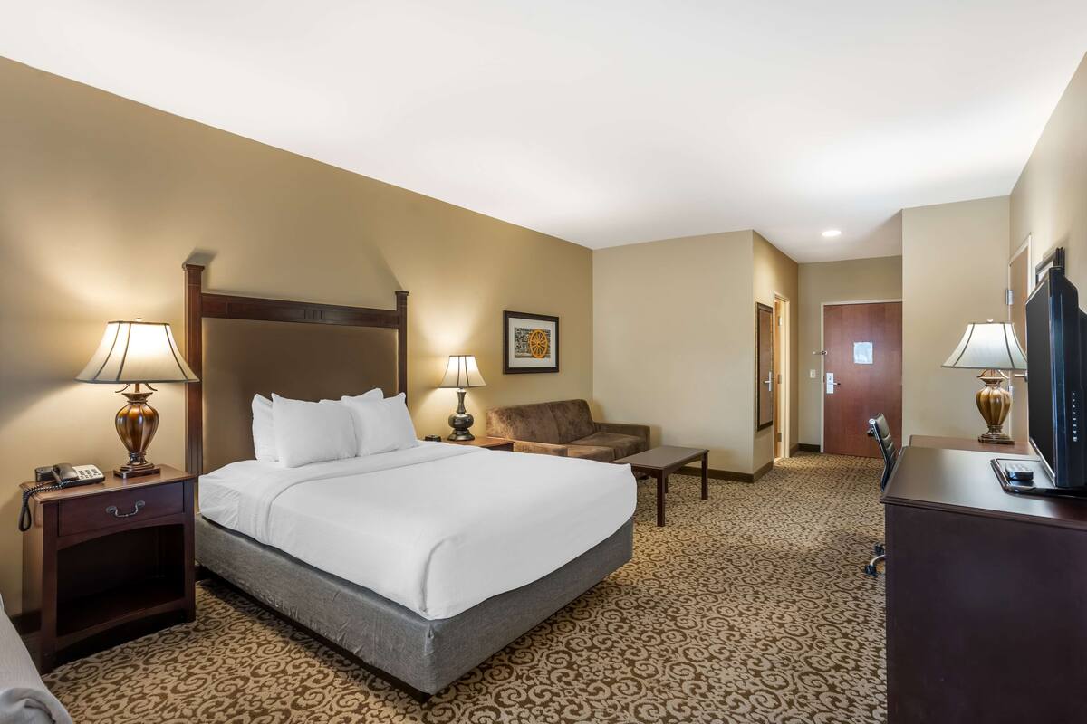 A hotel room with a large bed, a desk, a chair, a sofa, and a television.