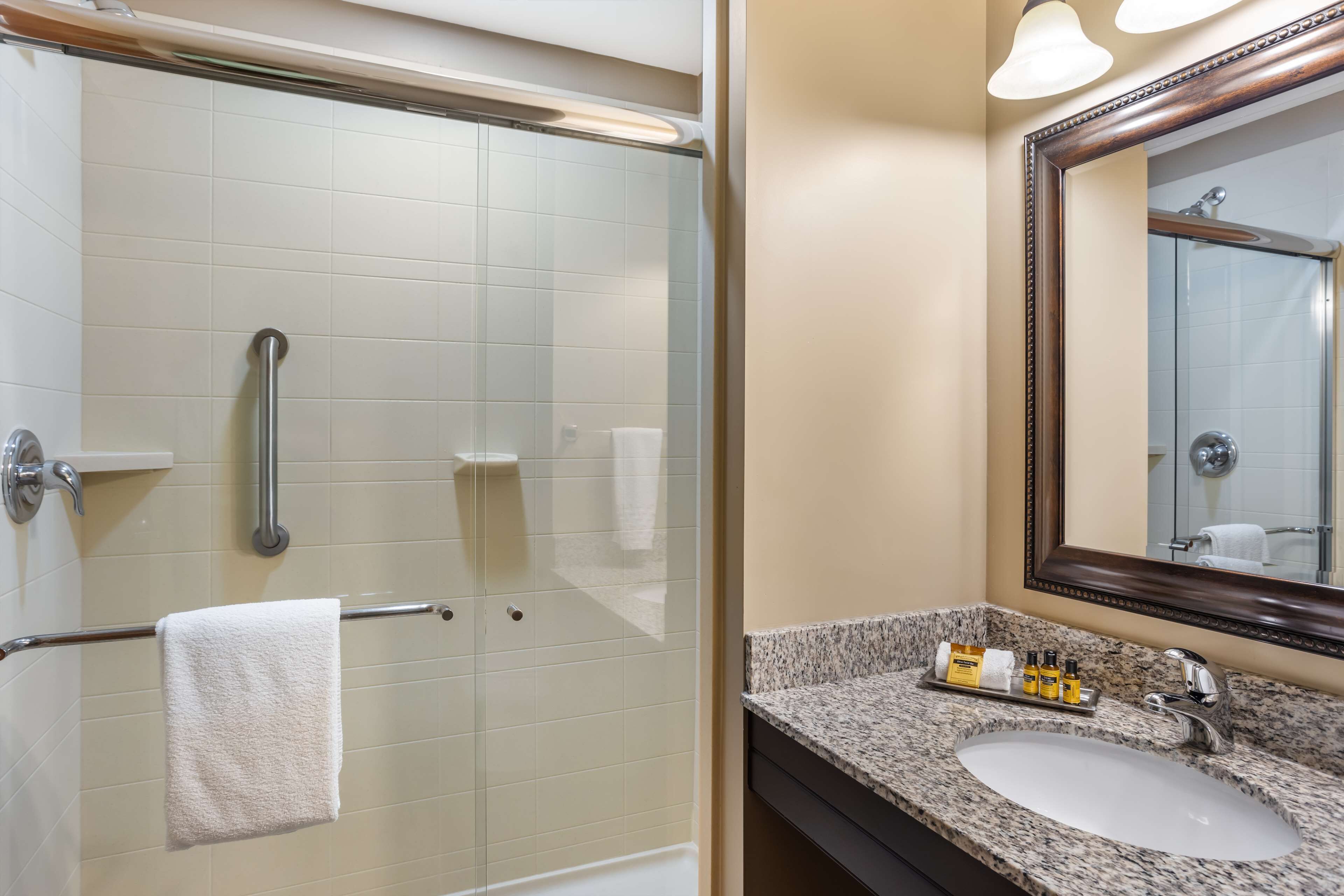 Une salle de bain dotée d’une douche à parois de verre, d’un porte-serviettes, d’un lavabo avec un plan de travail en granit et d’un miroir avec un cadre en bois.
