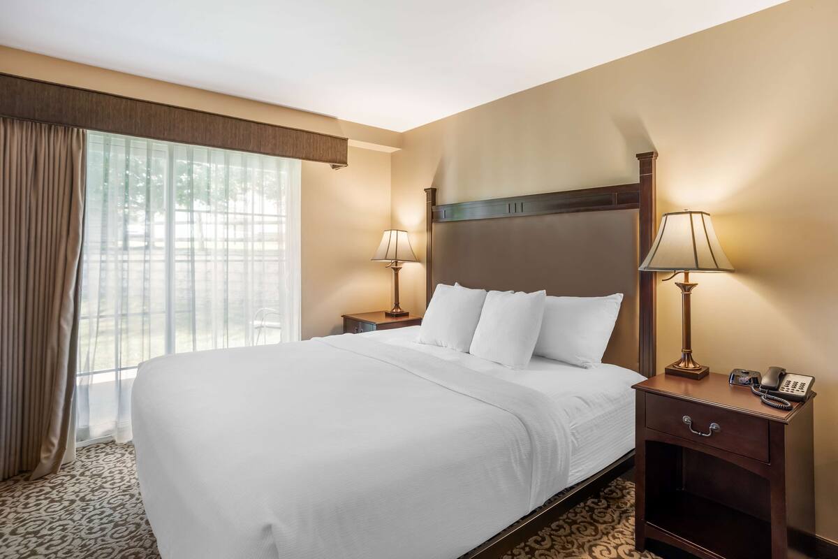 A hotel room with a large bed, two bedside tables with lamps, a window with curtains, and a patterned carpet.