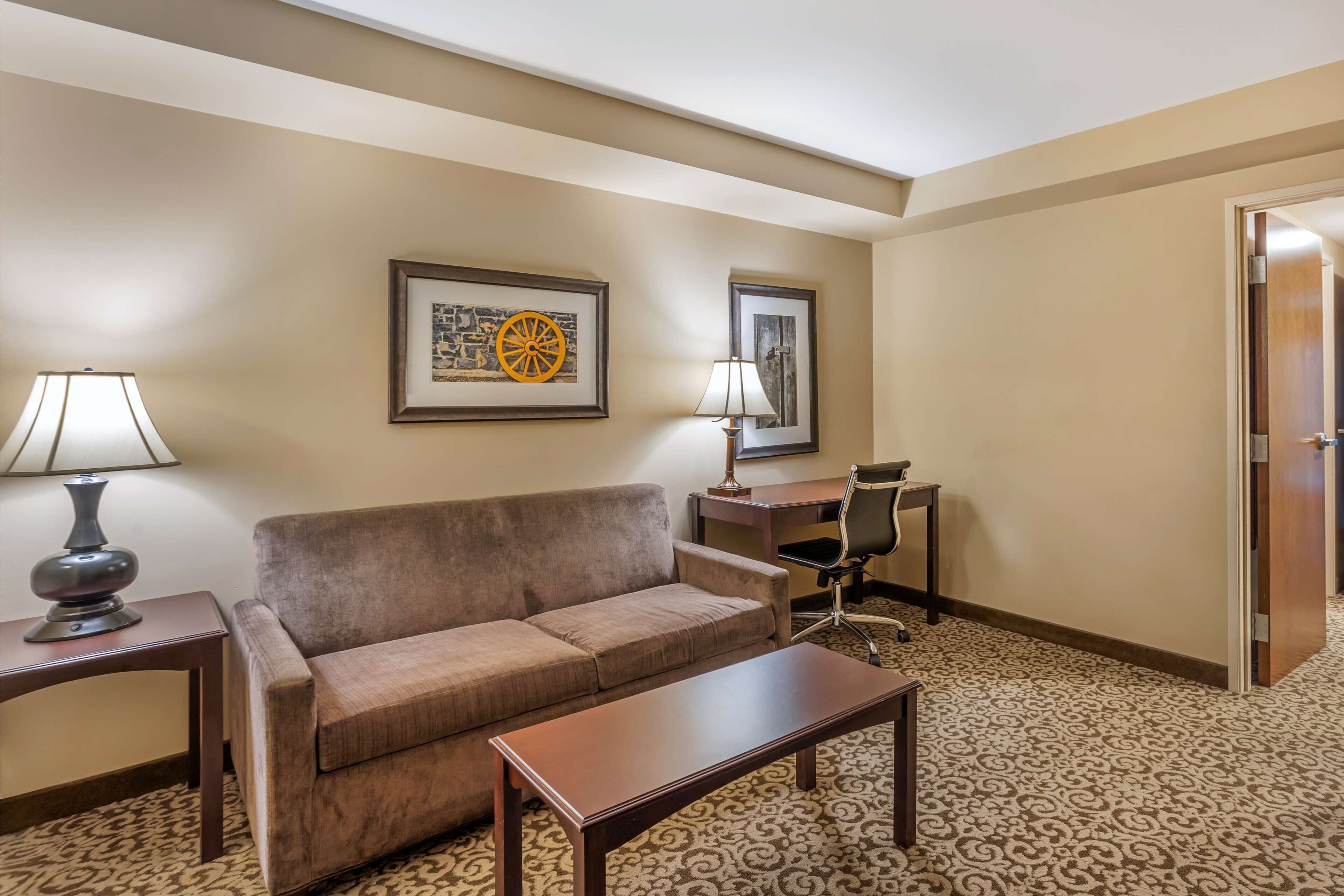 premium bedding, desk, laptop workspace, blackout curtains