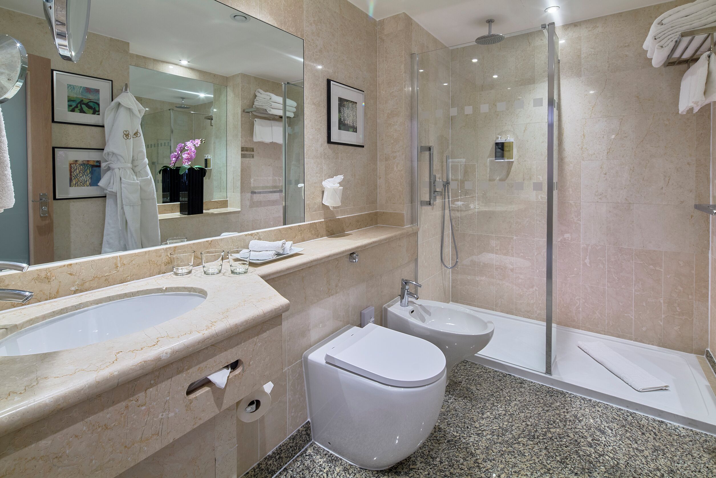 A modern bathroom with a large sink, toilet, bidet, and glass-enclosed shower.
