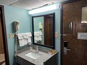 Combined shower/bathtub, eco-friendly toiletries, hair dryer, towels