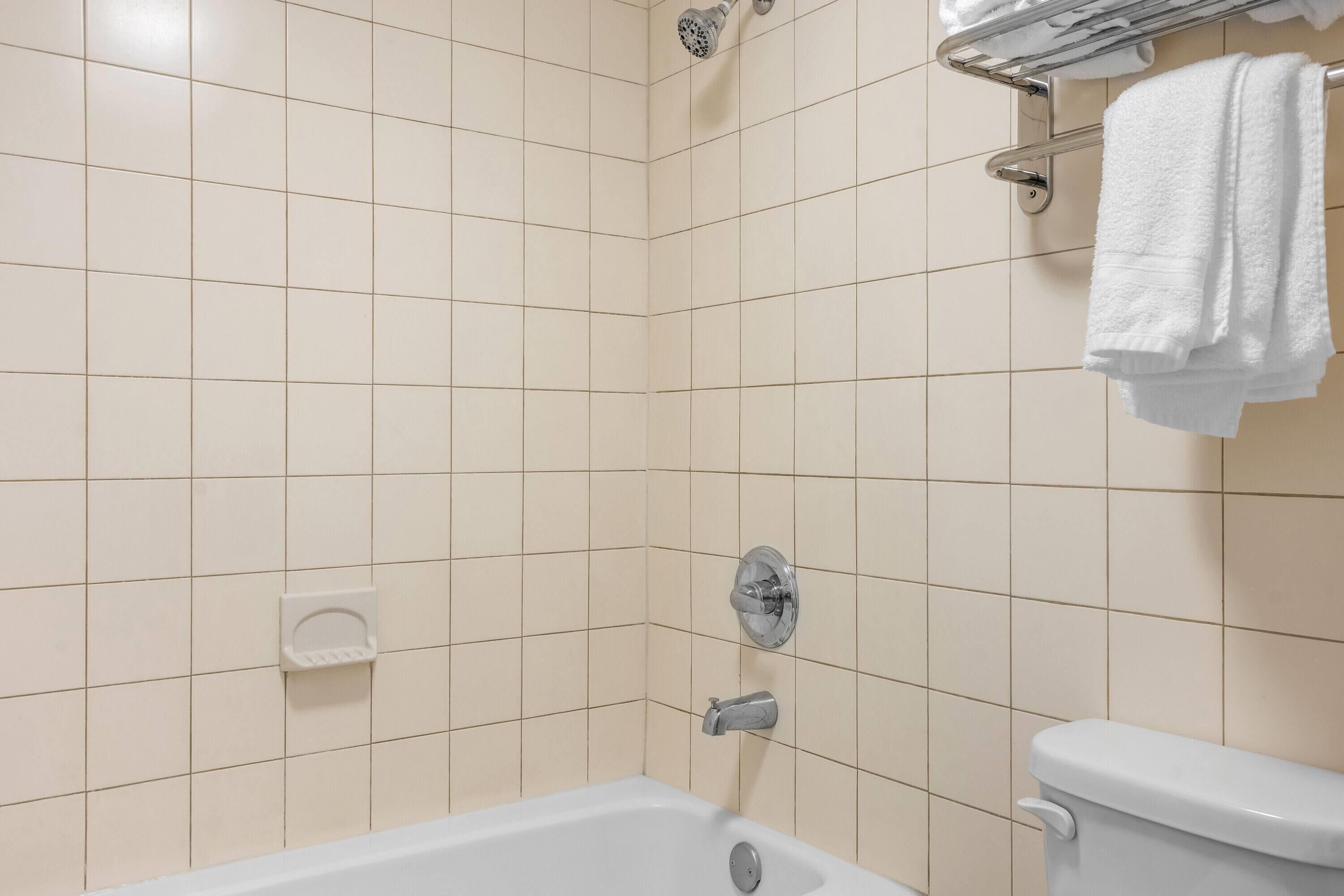 Un baño con una bañera blanca, inodoro y cabezal de ducha.