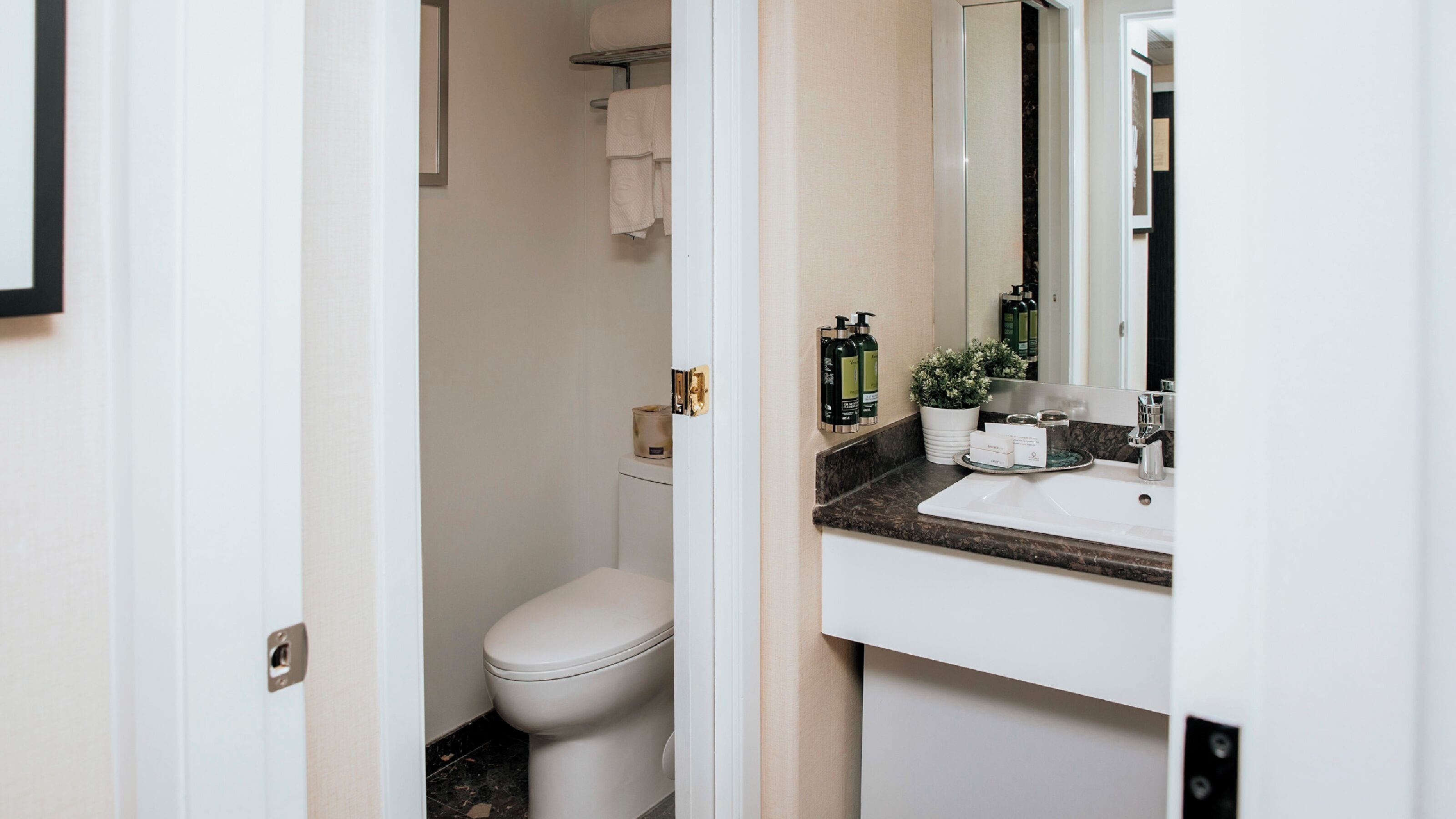 designer toiletries, hair dryer, towels