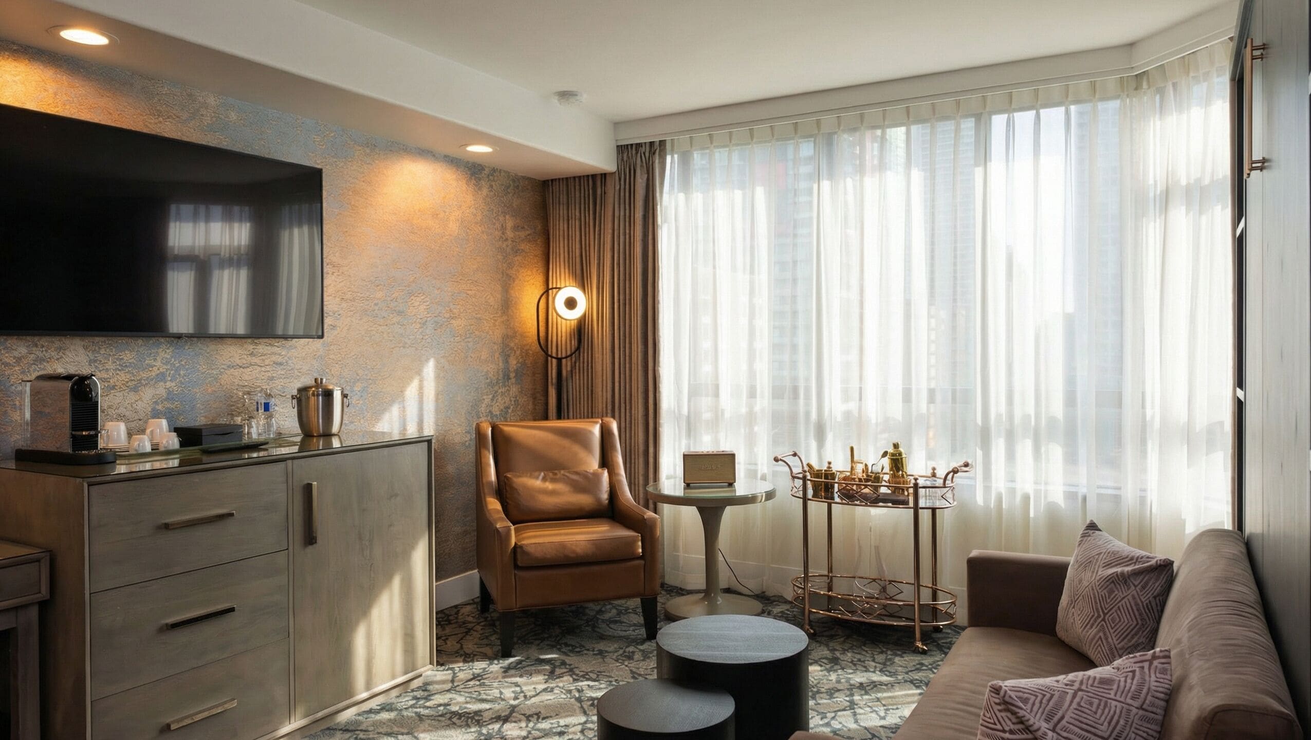 Un salon moderne avec un fauteuil en cuir, un canapé, une table basse et un téléviseur fixé au mur.