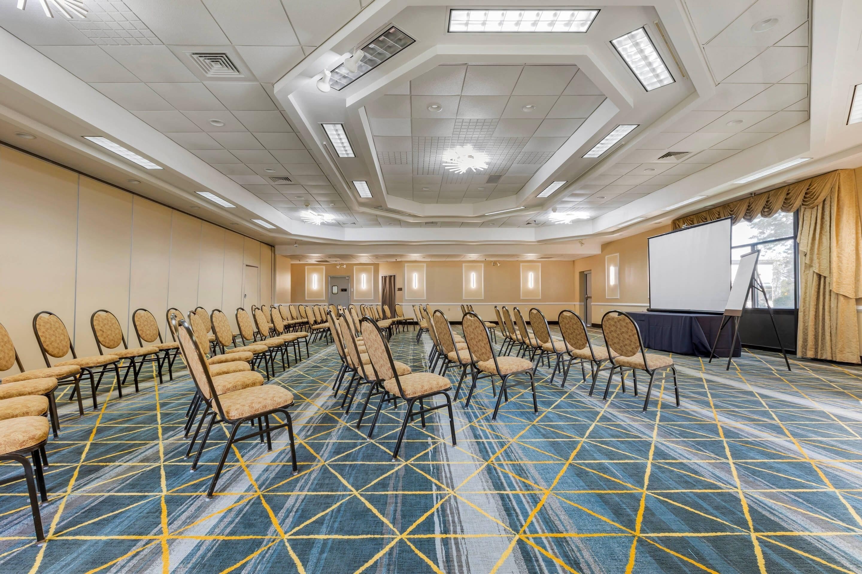 A conference room with rows of chairs, a projector screen, and a carpeted floor.