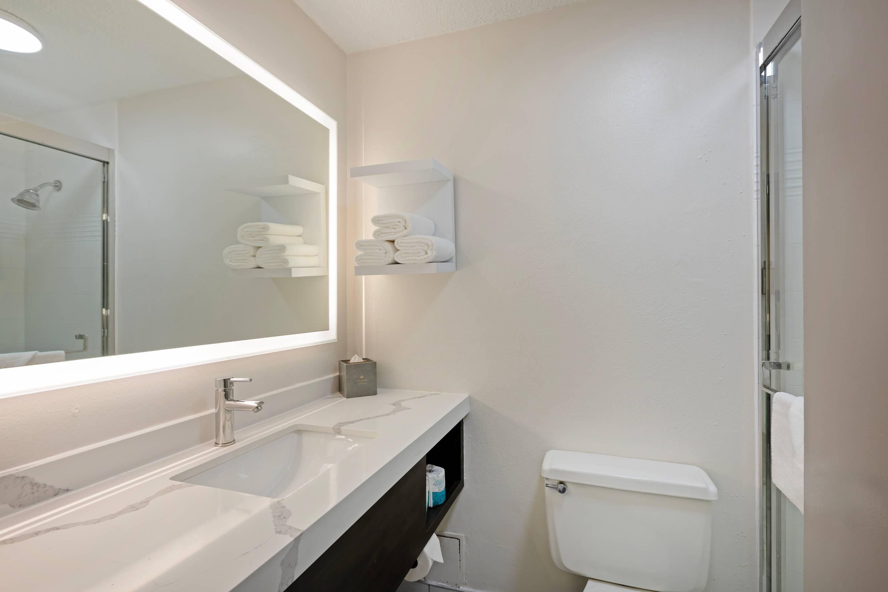 A modern bathroom with a large mirror, a white sink, a toilet, and a glass shower enclosure.