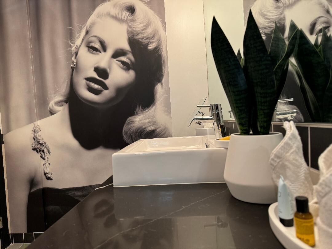 Casa de banho com um painel grande de uma mulher, uma pia branca, um espelho e uma planta em vaso.