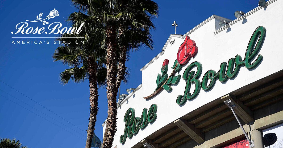 Un edificio con un cartel que dice "Rose Bowl, el estadio de América".