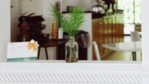 A kitchen with a white countertop, a glass vase with green plants, and a gift box with a ribbon. - Quality Inn Dalton Central (Dalton)