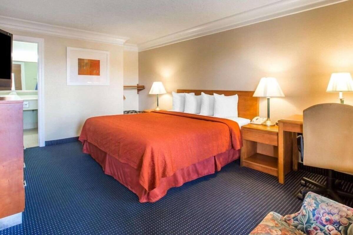Habitación de hotel con una cama grande, dos mesitas de noche con lámparas, un cabecero de madera, un escritorio pequeño con una silla y un televisor sobre un mueble.
