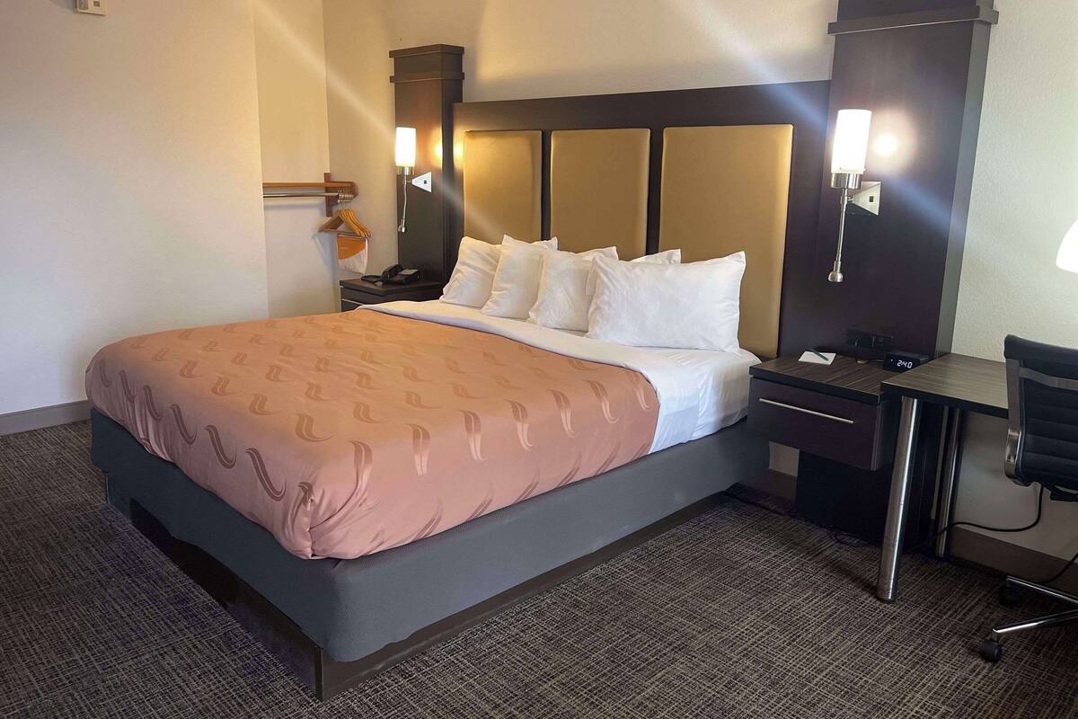 Una habitación de hotel con una cama grande, un escritorio, una silla y una mesita de noche.