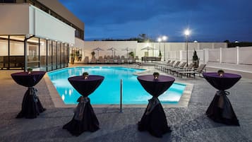 Outdoor pool, pool umbrellas, pool loungers