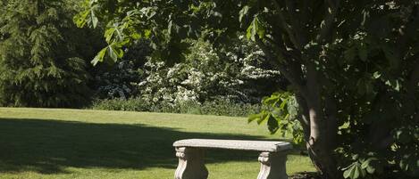 A stone bench in a grassy area with trees and flowering bushes in the background.