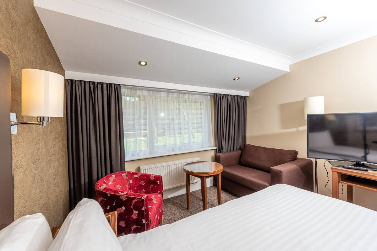 Een hotelkamer met een bed, een rode fauteuil, een bruine bank, een klein rond tafeltje, een televisie en een raam met gordijnen.