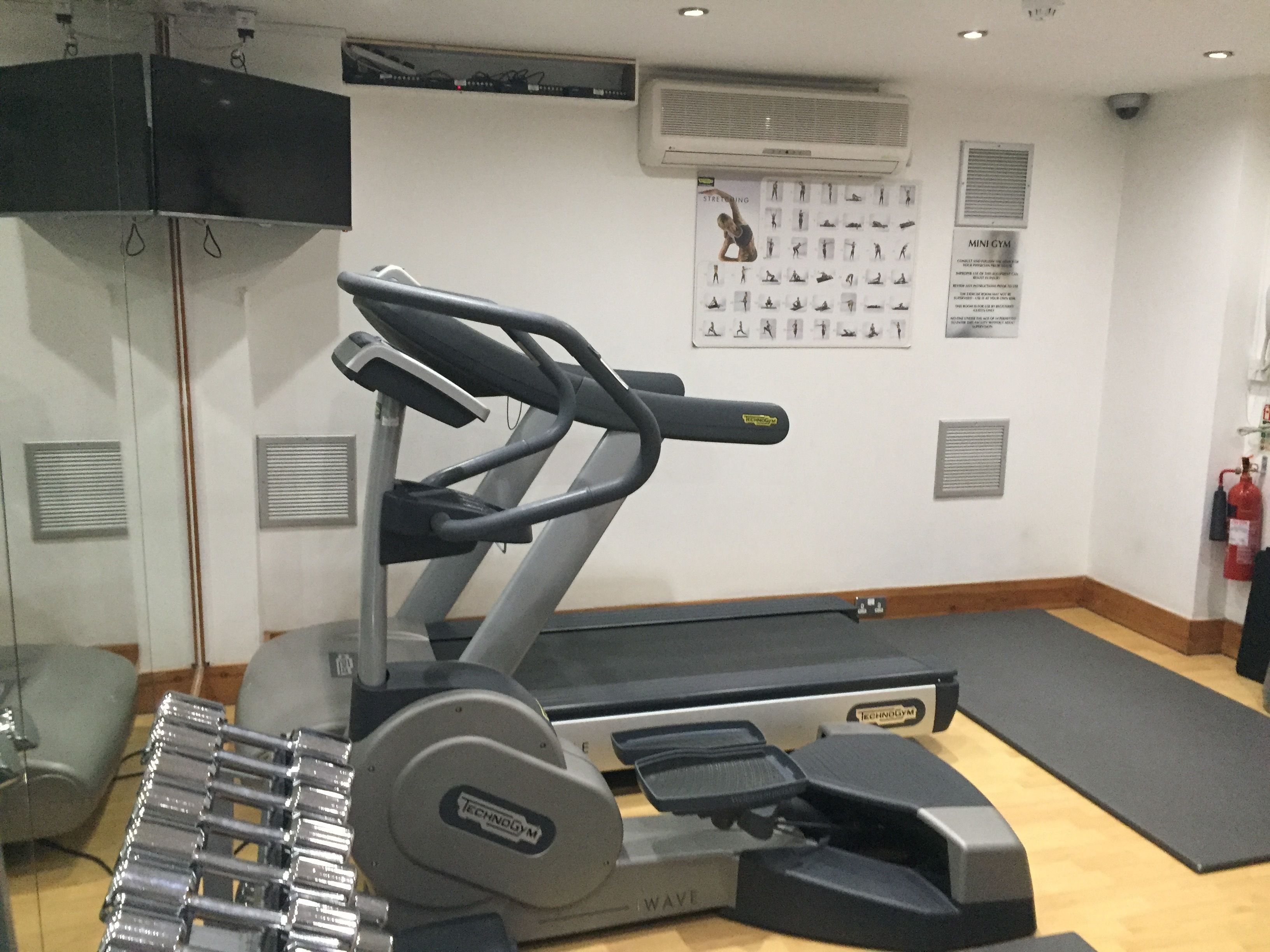 A gym with a treadmill, weights, and a wall with exercise illustrations.
