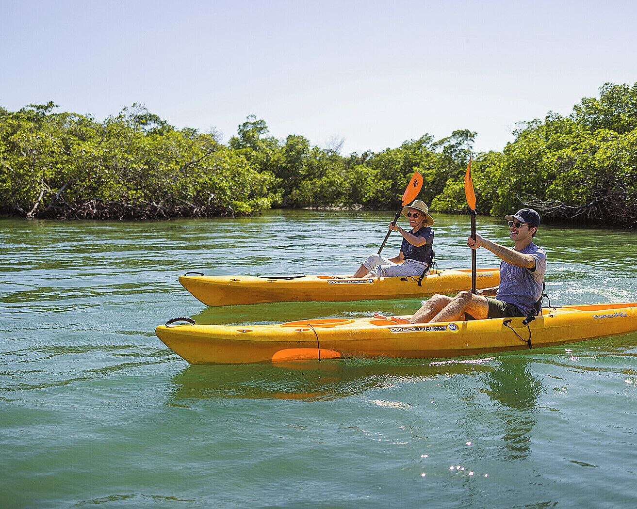 Two people kayaking on a calm river surrounded by lush greenery.