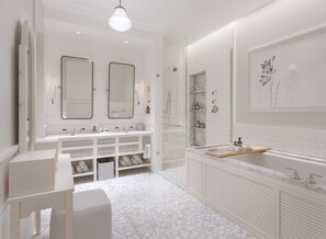 Separate tub and shower, deep soaking tub, designer toiletries