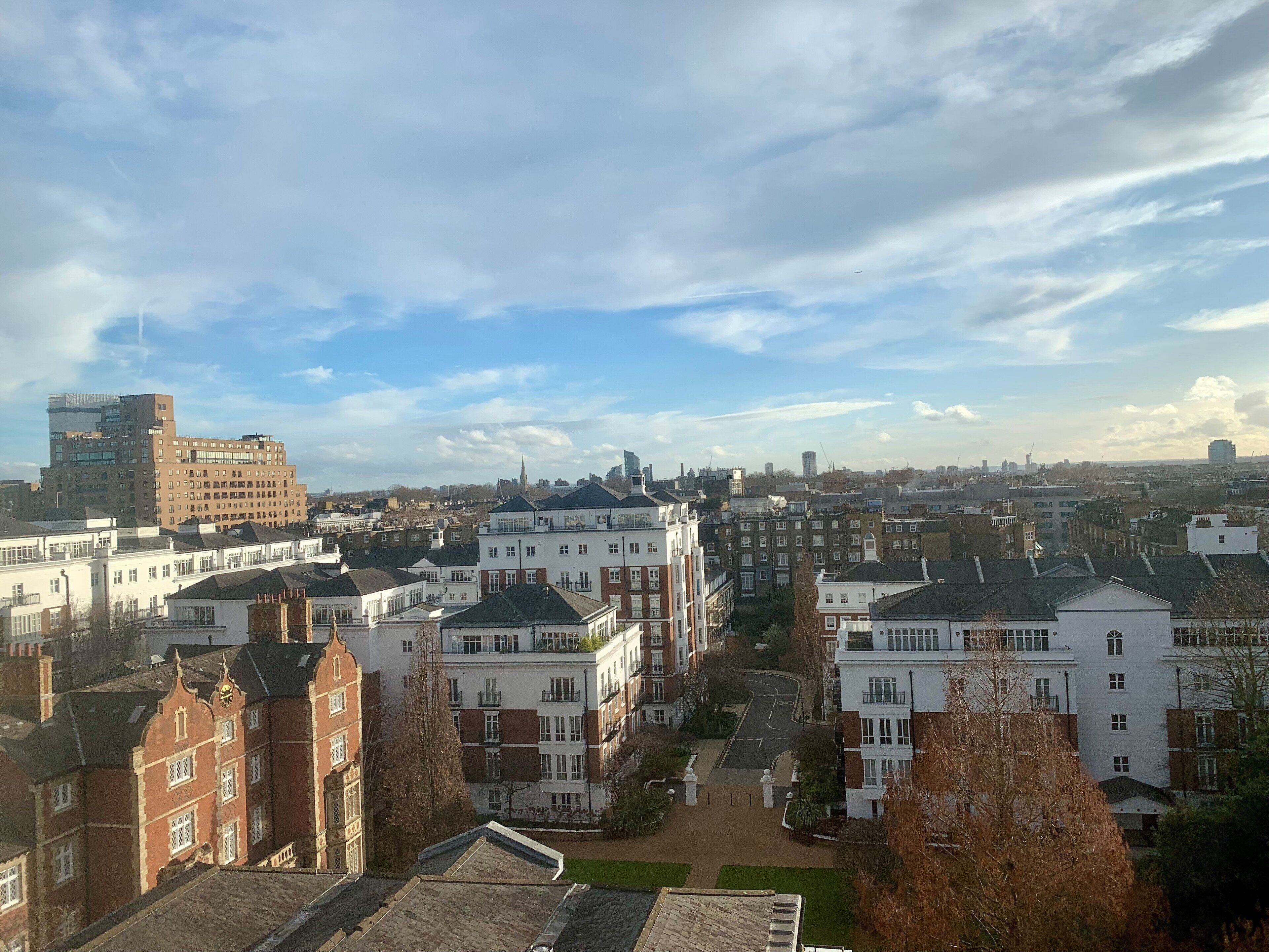 A cityscape with a mix of modern and traditional buildings, a clear sky, and a distant view of a tall building.