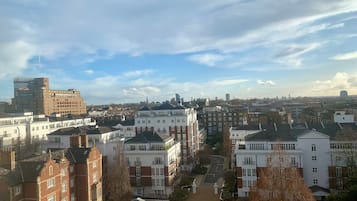 A cityscape with a mix of modern and traditional buildings, a clear sky, and a distant view of a tall building.