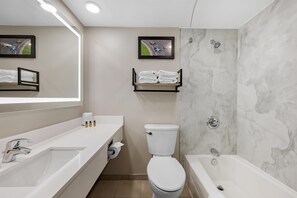 Combined shower/tub, eco-friendly toiletries, hair dryer, towels