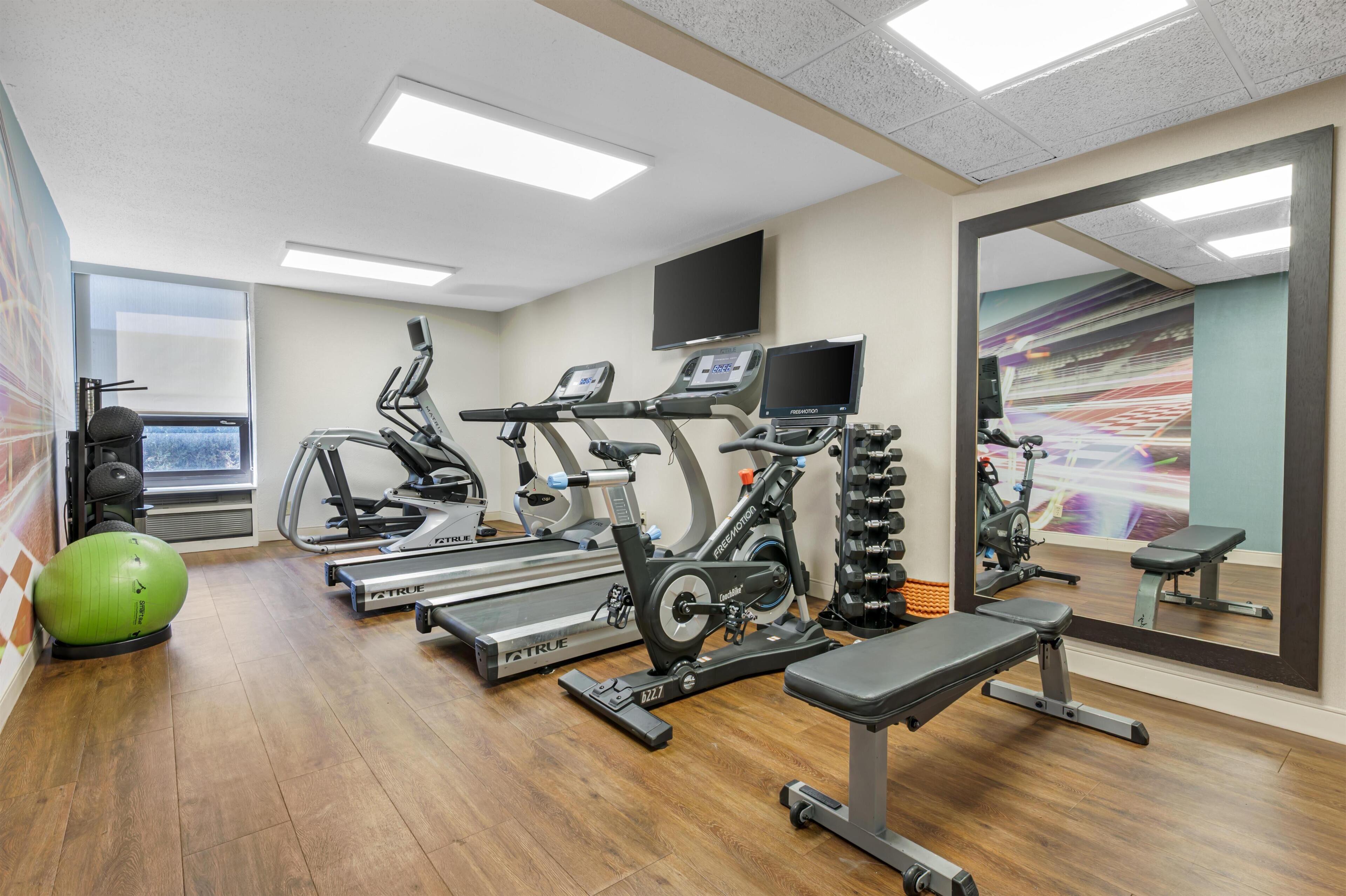 A gym with treadmills, stationary bikes, a rowing machine, a bench, and a green exercise ball.
