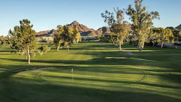 Enjoy a serene golfing experience amidst lush trees and majestic mountains.