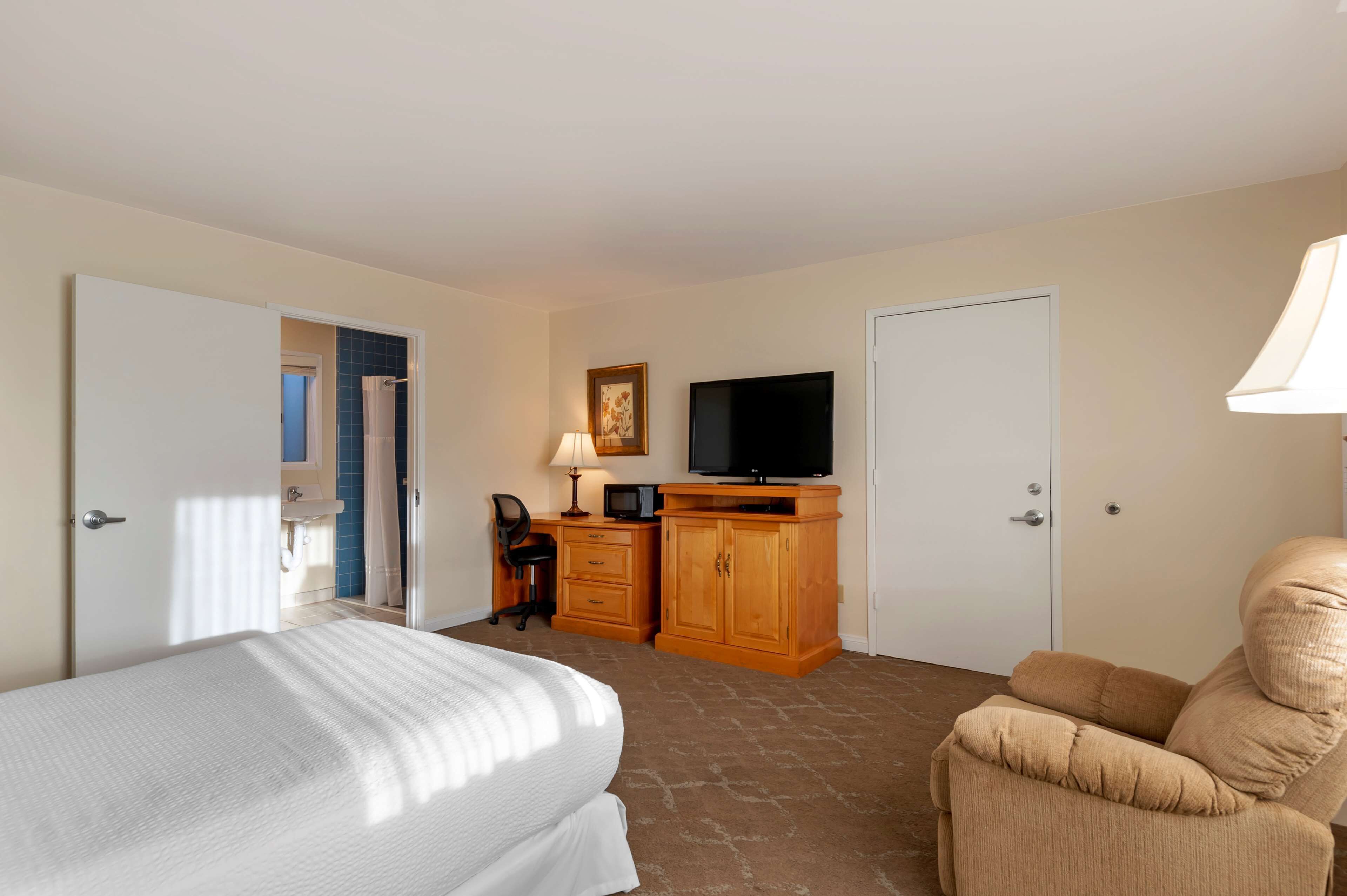 Een hotelkamer met een bed, een bureau met een televisie, een stoel en een bank.