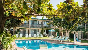 Outdoor pool, pool umbrellas, sun loungers