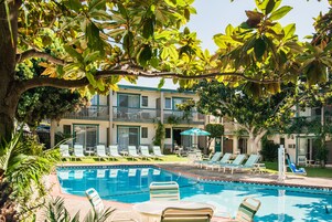 Outdoor pool, pool umbrellas, pool loungers