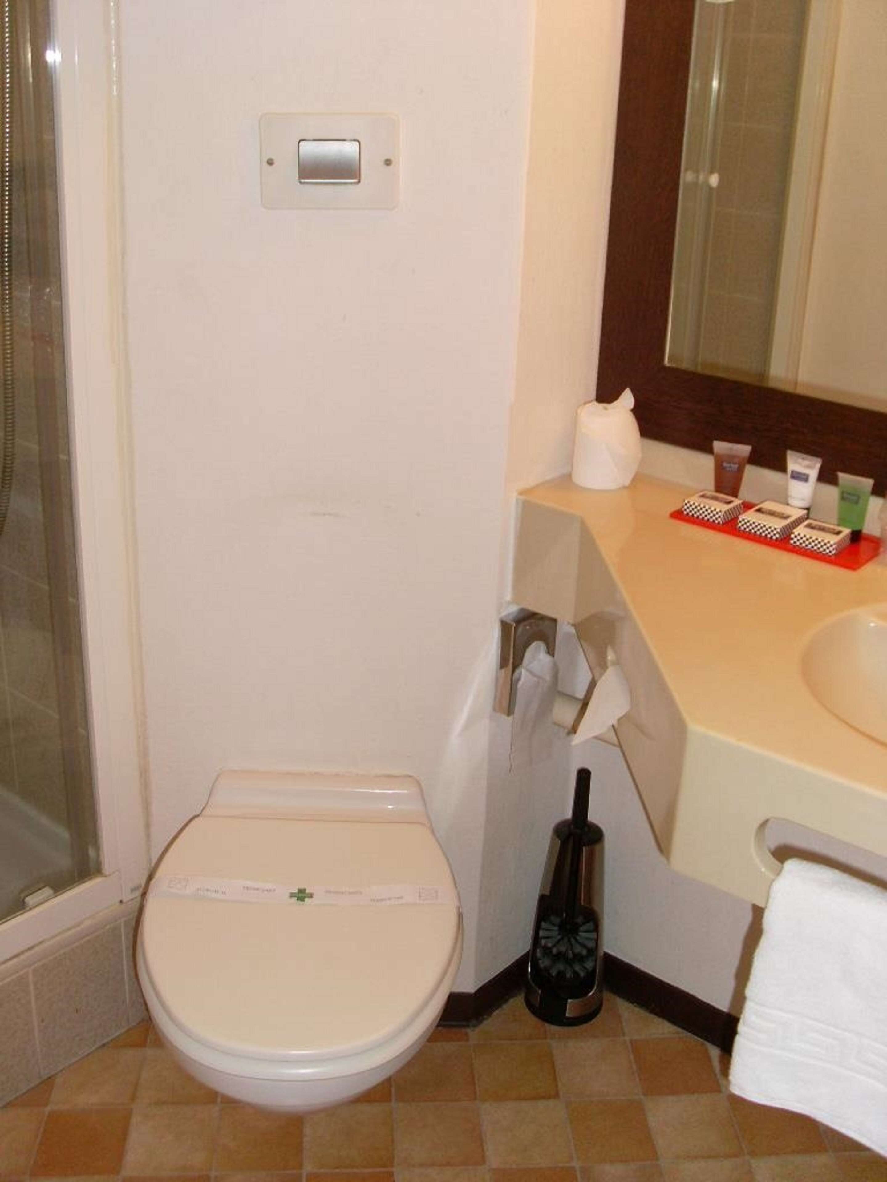 A small bathroom with a toilet, a sink, and a mirror. There is a shower curtain, a towel, and toiletries on the counter.