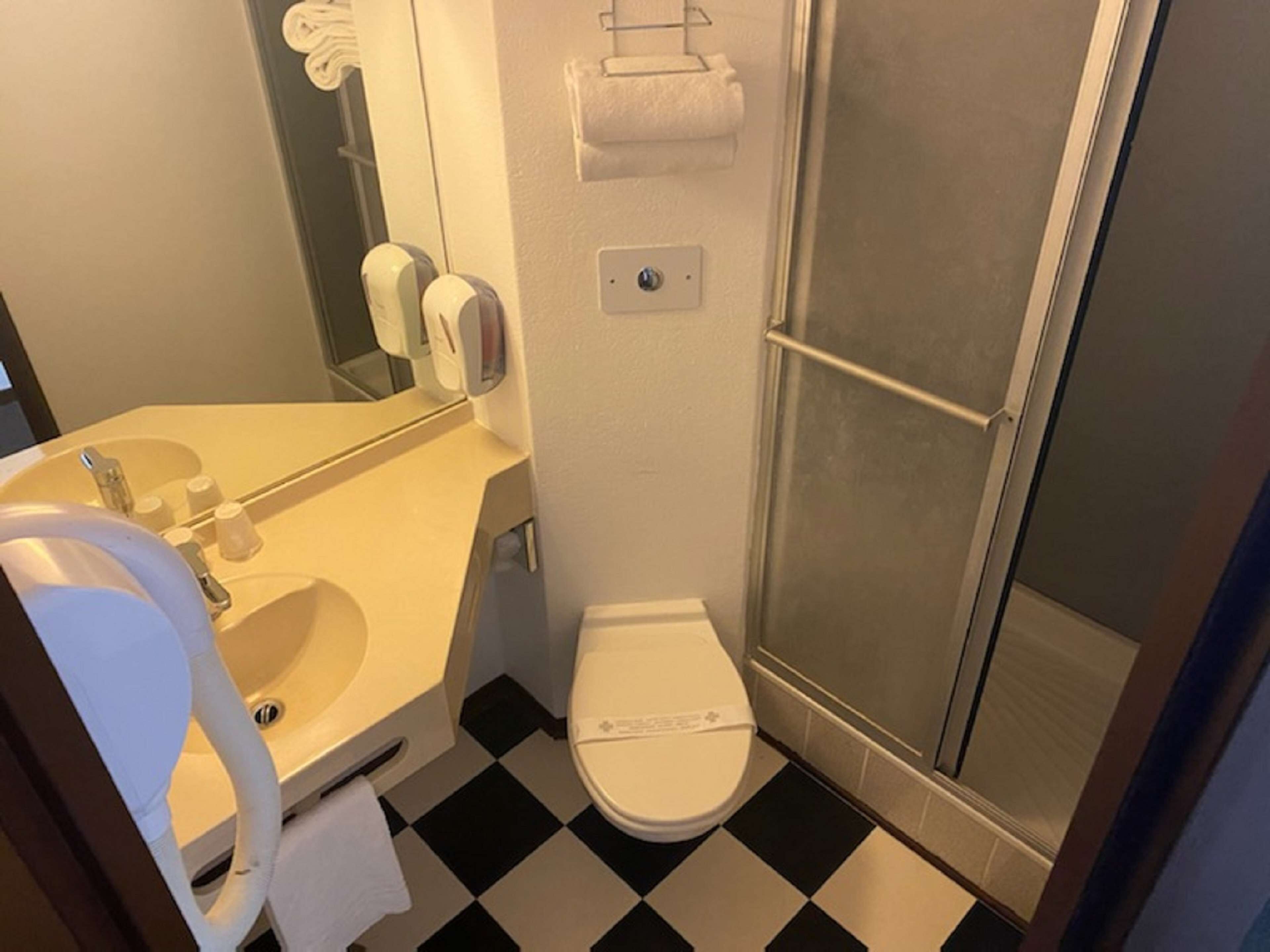 Une salle de bain avec un lavabo, des toilettes et une douche, le tout de couleur blanche.