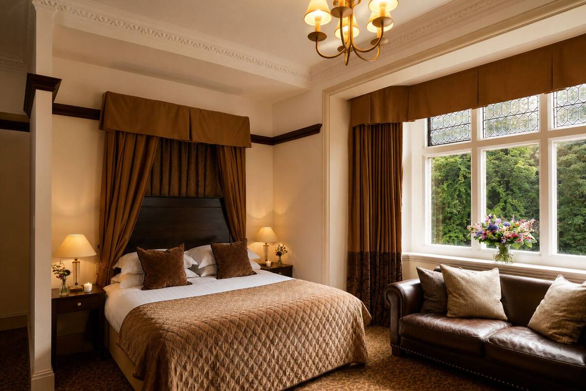 Habitación de hotel con una cama grande, un sofá de cuero, una araña y una ventana con vistas a zonas verdes.