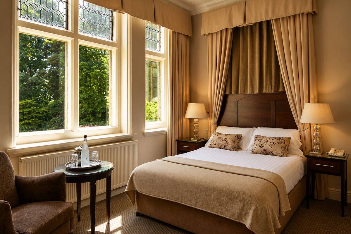 Habitación de hotel con una cama grande, dos mesitas de noche, una silla y una ventana con cortinas.